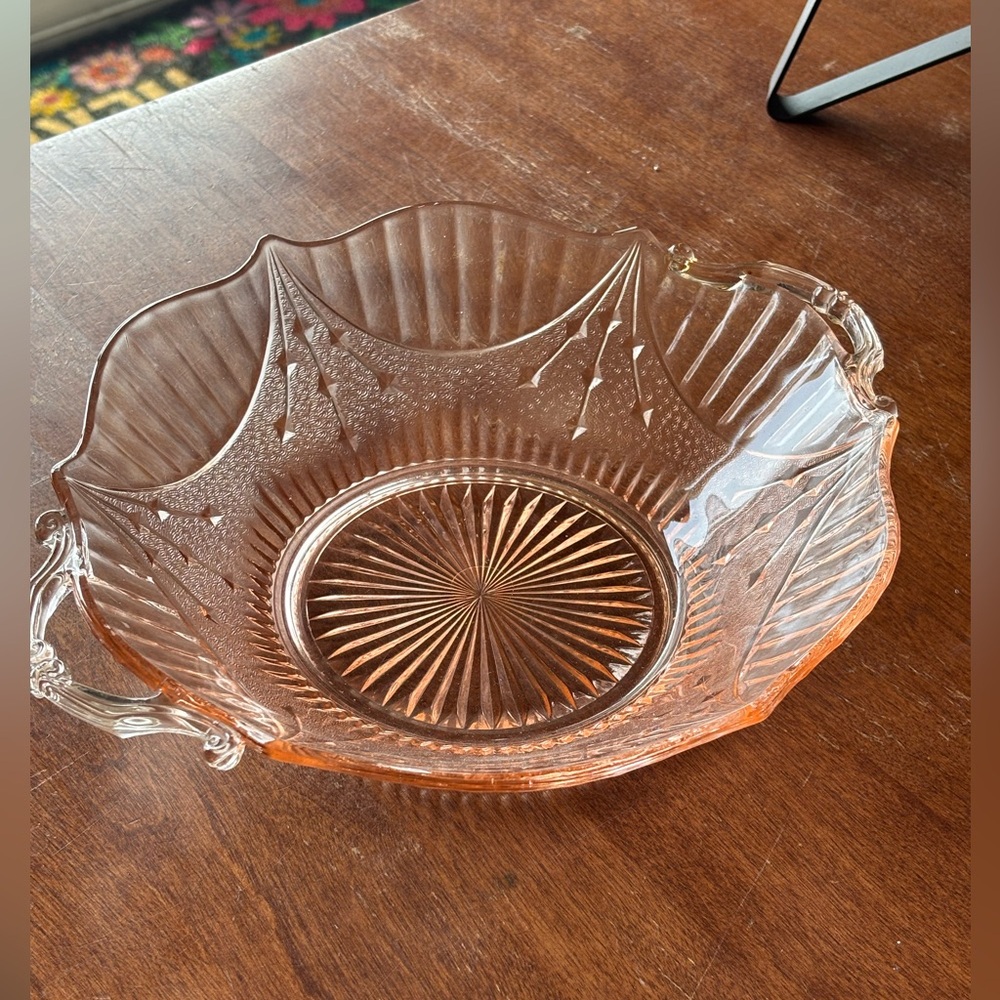 Lancaster Glass Company "Dart" pattern pink depression glass handled bowl